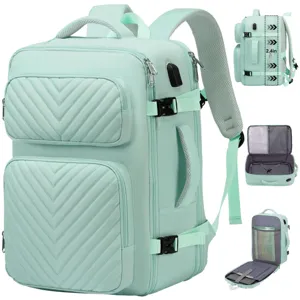 Details zum mintgrünen Reiserucksack, Multifunktionstaschen, USB-Anschluss und Erweiterung.