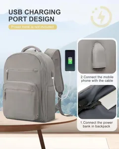 Grauer Reise Rucksack mit USB Ladeanschluss grosse Kapazitaet Laptop Schultasche Damen