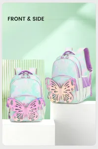 Niedlicher Schulkinder Rucksack mit Schmetterling Detailansicht von vorne und der Seite.