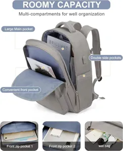 Großer Reise Laptop Rucksack mit vielen Fächern und USB Anschluss in eleganter Grau.