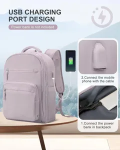 Damen Reise Rucksack grosse Kapazitaet Laptop Schultasche mit USB Ladeanschluss in hellviolett.