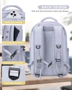 Reise-Rucksack Detail mit Rückenpolster, sicheren Taschen und verstellbarem Brustgurt.