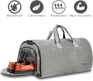 Detailansicht der grauen Reisetasche mit separatem Schuhfach und starkem wasserdichtem Material.