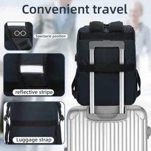 Multifunktionaler Reise Laptop Rucksack mit Kofferband und reflektierendem Streifen.