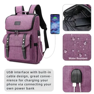 Detaillierte Nahaufnahme des lila Canvas-Rucksacks mit wasserdichtem Material und USB-Port.