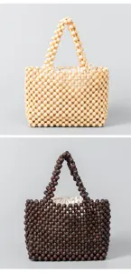 Handmade wooden bead handbag detail showing natural and dark brown color variants for beach.
