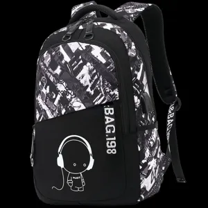Schwarz-weißer grafischer Schulrucksack mit Cartoon-Figur, große Kapazität, lässige Studententasche.