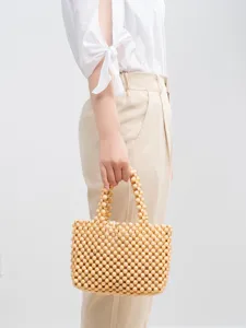 Handmade Woven Beaded Handbag Retro Acrylic Wood Bead Small Square Bag For Women Summer Beach Vacation Tote Stylish Gift