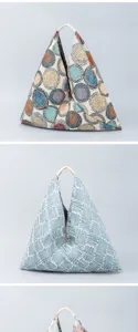 Detailansicht der einzigartigen dreieckigen Stofftasche mit strukturierten Mustern.