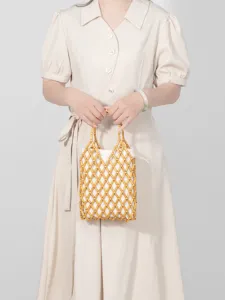 Sac à Main en Perles de Bois Tissé Fait Main pour Femmes Sac de Plage Grille Creuse Avec Pochette Intérieure en Toile Cordon Poignée Supérieure Sac Cabas de Voyage