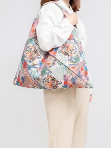 Große Segeltuch Dreiecks-Umhängetasche mit einzigartigem Tiger- und Blumen-Jacquardmuster für Damen.