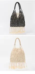 Dettaglio borsa di perline di legno fatta a mano con tessitura fine, frange e fodera per le vacanze.