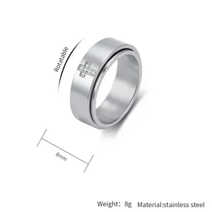 Roestvrijstalen spinner ring voor dames en heren, 8mm breed, draaiend kruis met kristal.