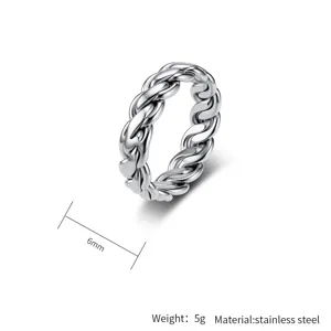 Stainless steel braided chain ring detail view, 6mm width, modern unisex stylish ring.