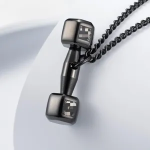 Collier pendentif haltère en acier titane noir, bijoux de sport stylés pour couples.