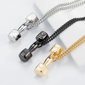 Ensemble de colliers pendentif haltère en acier titane argent, noir et or stylé.