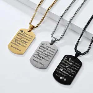 Stainless steel dog tag necklace with serenity prayer engraving, stylish pendant for men and women.