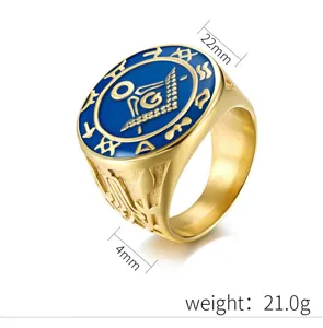Anillo masónico de acero de titanio dorado con esmalte azul, diámetro 22mm, sortija para hombre.
