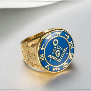 Anello Massonico Vintage in Acciaio al Titanio Placcato Oro Smalto Blu Anello a Fascia Fratellanza Anello con Sigillo per Uomo Donna Gioielli Punk Casual