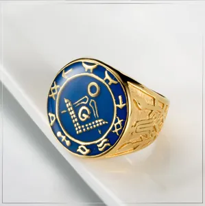 Anillo de hombre acero inoxidable oro masón con esmalte azul anillo sello masonería