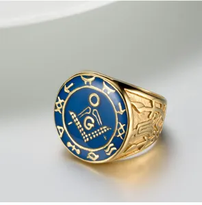 Anillo masonico de oro con esmalte azul acero inoxidable sello hombre moda y joya