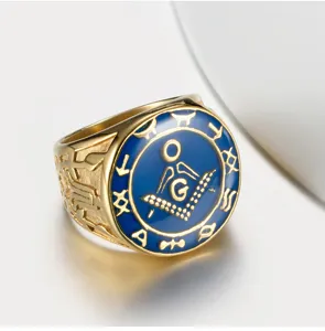 Anillo de sello masón de acero titanio para hombre, esmalte oro azul con detalle símbolo.