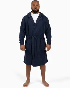 Detailed view of a men's dark blue hooded bathrobe, comfortable fleece fabric for daily wear.
