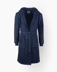 Detailed view of the dark blue hooded bathrobe with belt, showcasing soft fleece fabric.