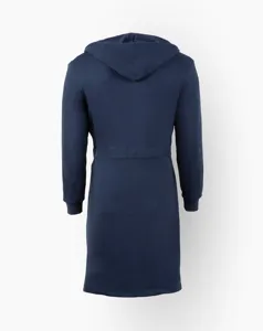 Back view of a dark blue thickened hooded bathrobe, casual long sleepwear robe detail.