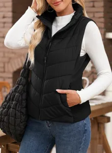 Detailed view of women's zip-up puffer vest with stand collar, ideal for casual autumn and winter wear.