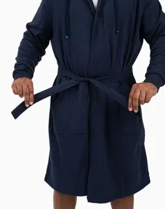 Dark blue hooded bathrobe detail view, soft cotton loungewear robe with belt and pockets.