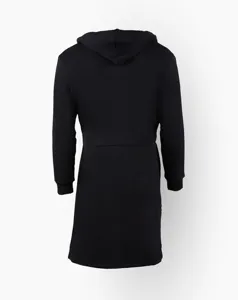 Back view detail of a black hooded plush bathrobe showing the comfortable hood and long sleeves.