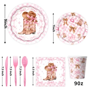 Rosa Cowboy Stiefel Party Geschirr Set mit Pappteller, Becher, Servietten und Besteck.