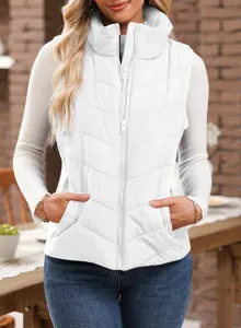Women's white stand collar zip-up puffer vest casual sleeveless winter outerwear jacket