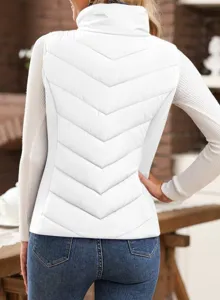 White stand-up collar padded vest, sleeveless quilted winter outerwear back view detail.