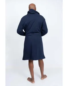 Back view detail of the soft solid color navy blue hooded bathrobe for daily comfortable home wear.