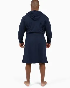 Navy blue hooded bathrobe detail showcasing soft cotton fabric, long sleeves and belt.