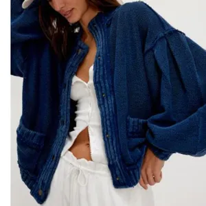 Vintage dark blue ribbed knit cardigan sweater for women short stand collar outerwear chic