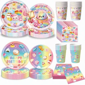 Set piatti bicchieri tovaglioli carta usa e getta festa di compleanno arcobaleno dessert
