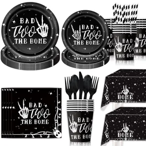 Black skeleton hand party tableware set disposable paper plates cups napkins tablecloth