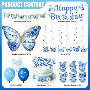 Blue butterfly birthday party decoration set background cloth balloon cake topper set