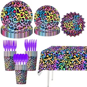 Buntes Neon-Leopardenmuster Party Geschirr Set mit Teller Tassen und Tischdecke.