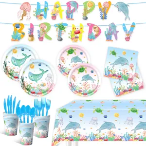 Ozean Welt Geburtstag Party Einweg Geschirr Set Cartoon Meerestier Papier Teller Tassen Servietten Banner Kuchen Dekoration Zubehör Für Kinder