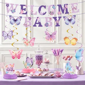 Diakosmiseis party baby shower me violet petalouda banner kremasta spiralia set deko.