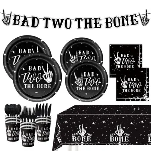 Halloween Dark Gothic Skeleton Hand Print Theme Party Disposable Tableware Set Paper Plates Cups Napkins Banner Tablecloth Decor Supplies