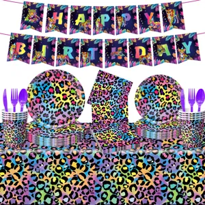 Bunte Neon Leo-Muster Party Deko Set mit Girlande Pappteller Becher fuer Geburtstag.