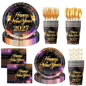 Black gold fireworks happy new year disposable party tableware set plates cups napkins