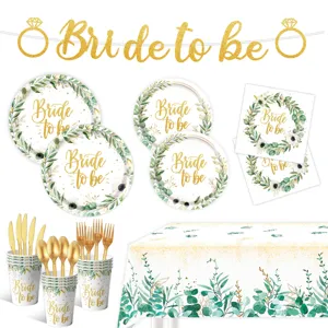 Eukalyptusblätter Bride To Be Einweggeschirr Set Pappteller Becher Servietten Junggesellinnenabschied Brautparty Hochzeit Dekoration Zubehör