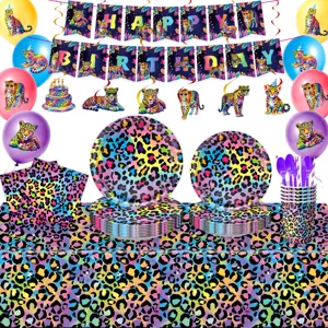 Bunte Neon-Leopardenmuster Partygeschirr Set mit Tischdecke, Wimpelkette und Ballons.