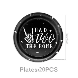 Black skeleton hand party paper plates, 7 inch gothic theme disposable tableware details.